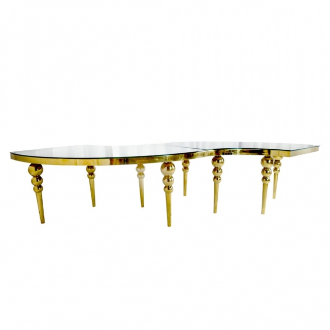 Gold Mirrored Serpentine Table with Gold Legs